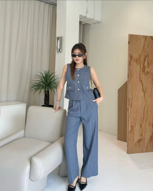 Women Elegant Button Down Vest With Trousers Sets
